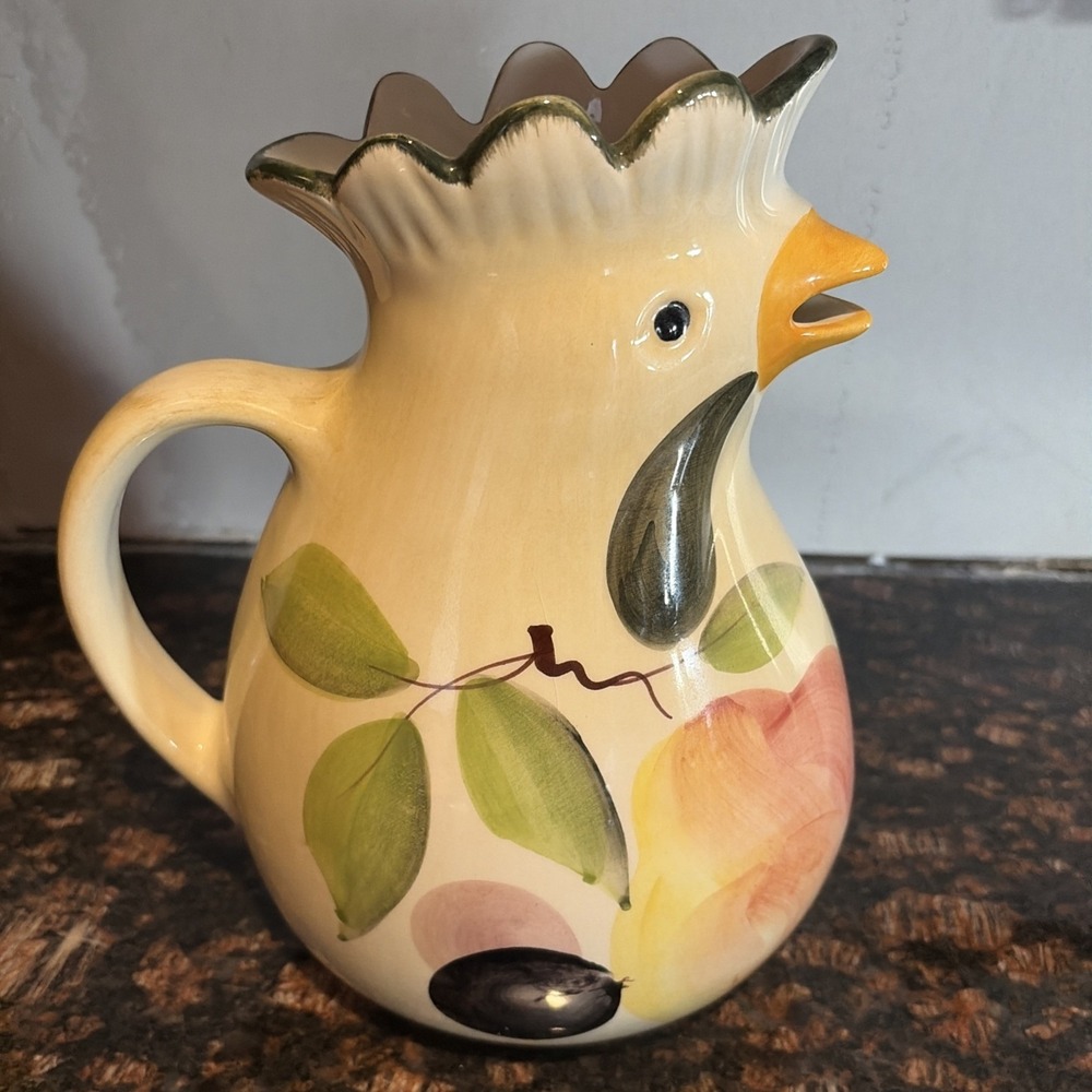 Rooster Creamer Pitcher Hand Painted Italy 6 3/4" T.  Toscana Verde